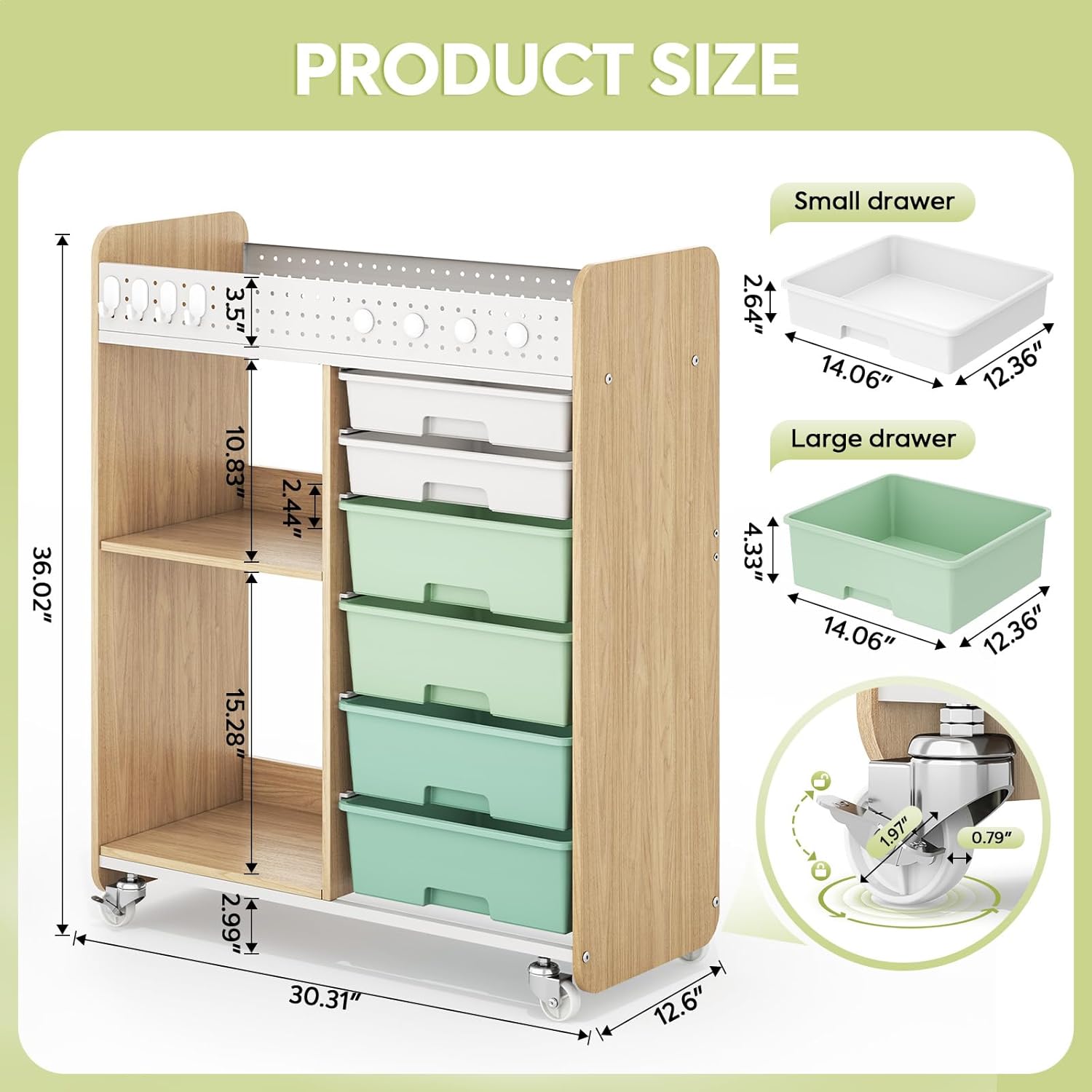 Rolling Storage Cart with Top Pegboard and 6 Drawers, Mobile Utility Cart on Wheels with Locking Brakes, Craft Organizer Lateral File Cabinet for Home, Office and Craft Room – Wood Frame(Green)
