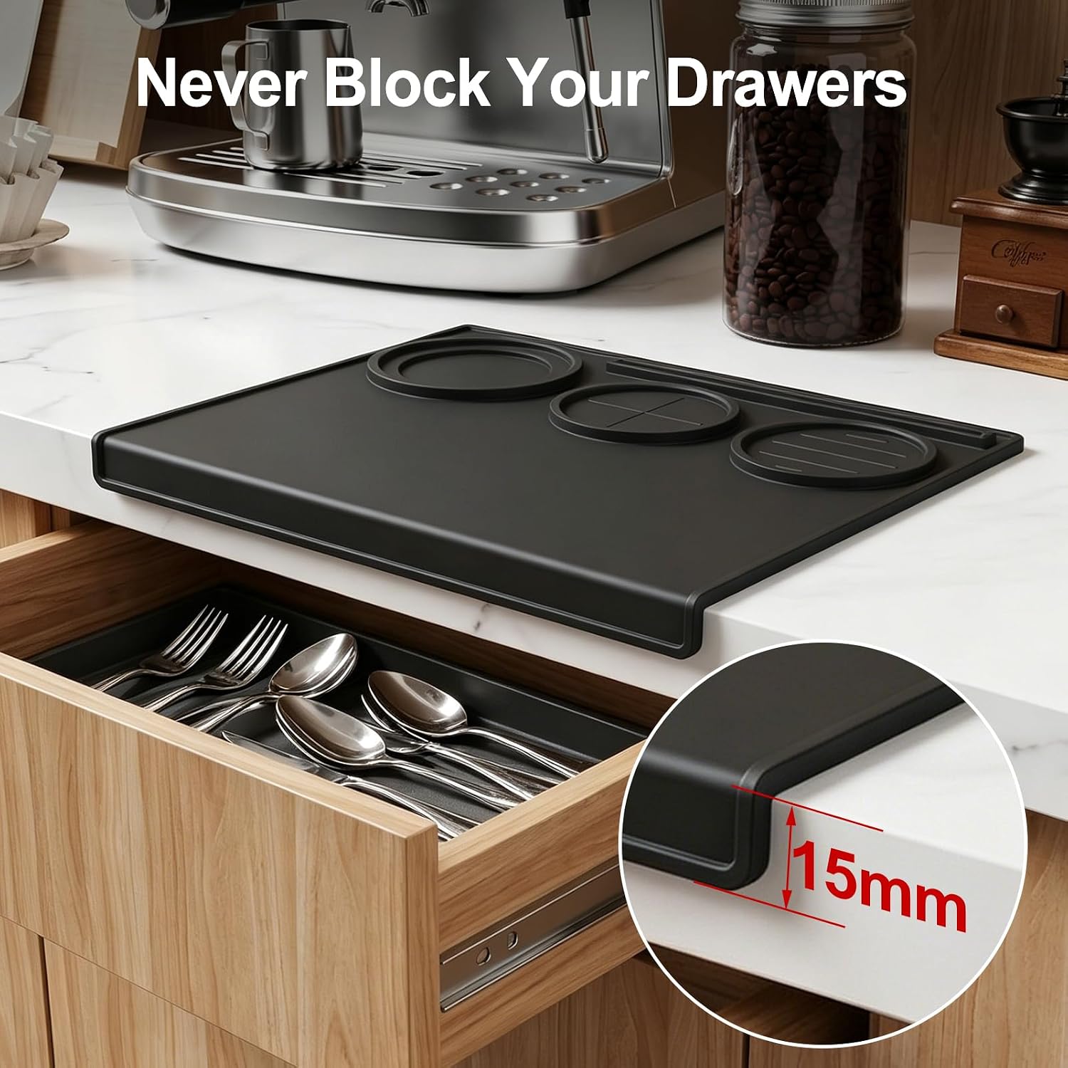Espresso Tamping Mat, 90° Corner Silicone Coffee Bar Mat for 51/54/58mm Portafilters, Drawer-Friendly Tamper Mat with Tamper, Distributor & Puck Screen Slots, Countertop Protector, Black