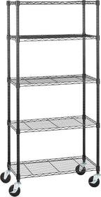 Amazon Basics 5-Shelf Heavy Duty Garage Shelving Storage Rack with 4" Wheel Casters, Adjustable Metal Wire Organizer, 300 lbs Per Shelf, 30" x 14" x 64.75", Black