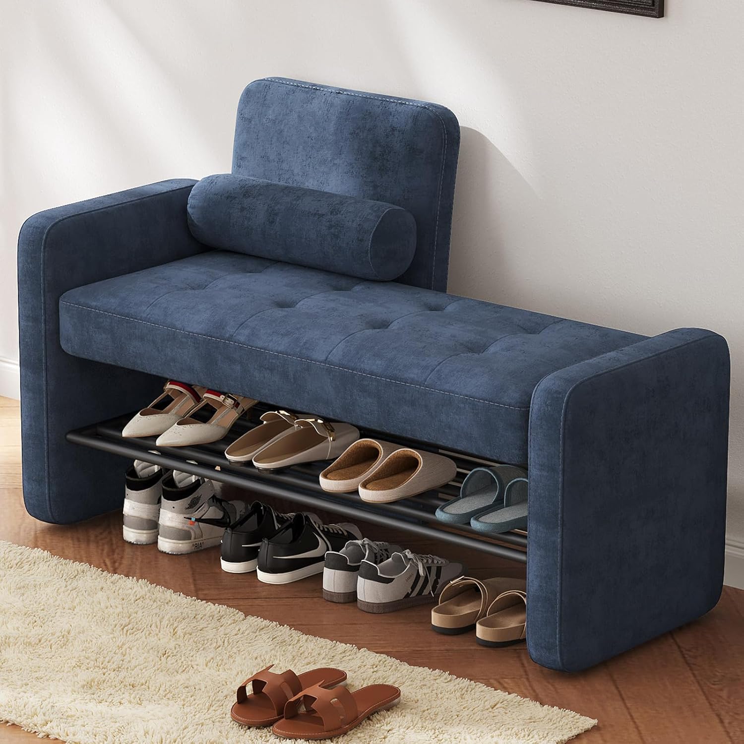 40.94" Entryway Shoe Rack with Cushion Padded Seat, 2-Tier Shoe Bench with Backrest & Armrest, Stable Shoes Organizer for Living Room, Bedroom, Entry, Hallway