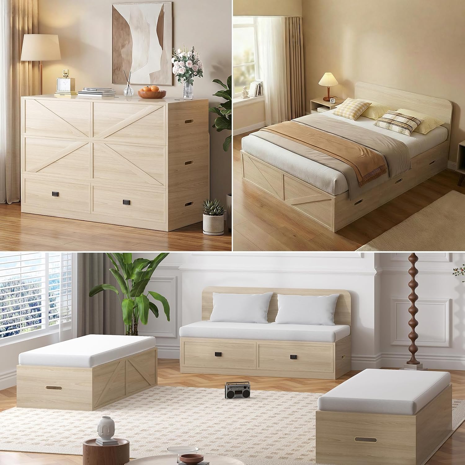 Mjkone Murphy Bed, Cabinet Beds Queen Size with Mattress Included, 3-in-1 Convertible Sofa Furniture Sets, Hidden Chest Bed with Storage Drawers, Guest Sleeper Beds for Small Room, Apartment - Wood