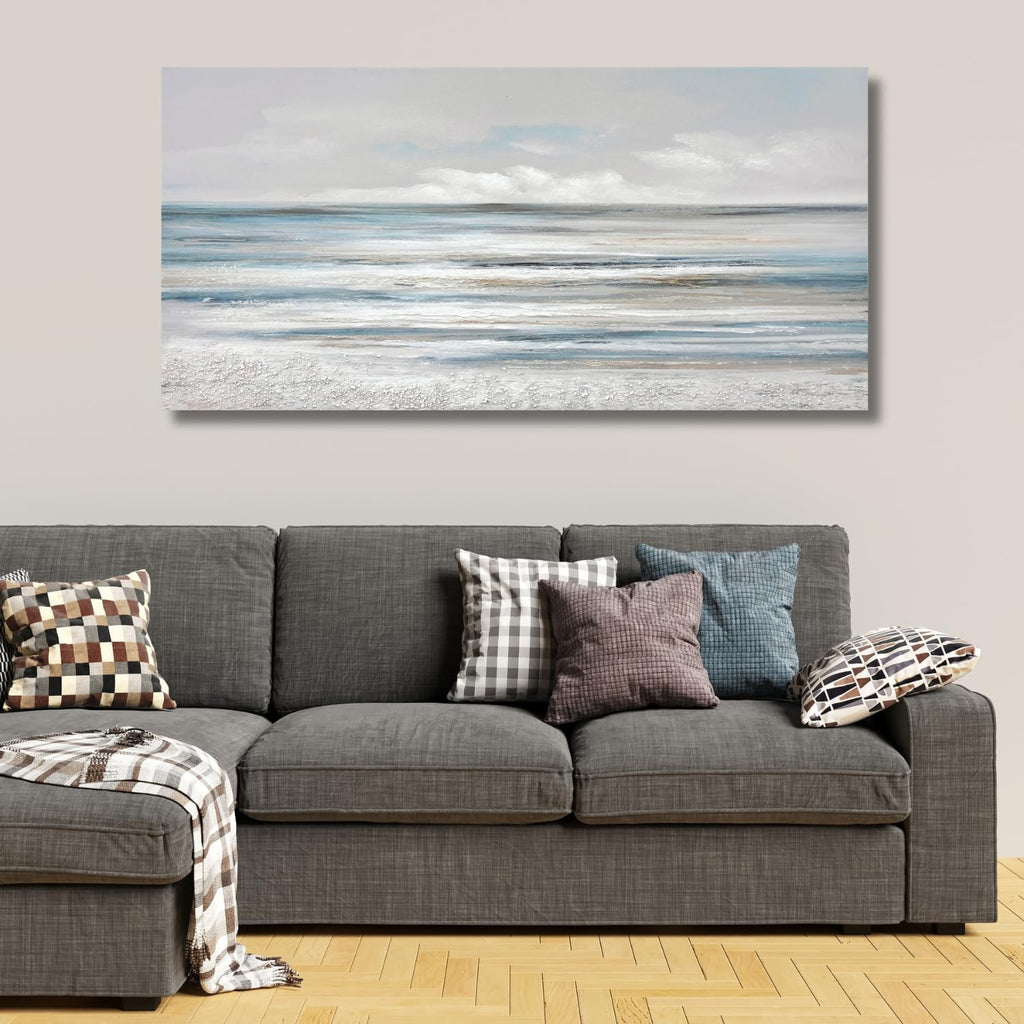 TRAIN2 ART Abstract Wall Art Modern Coastal Wall Decor Textured Blue and White Sea Background Canvas Wall Art for Living Room Bedroom Kitchen Office 28"x57"