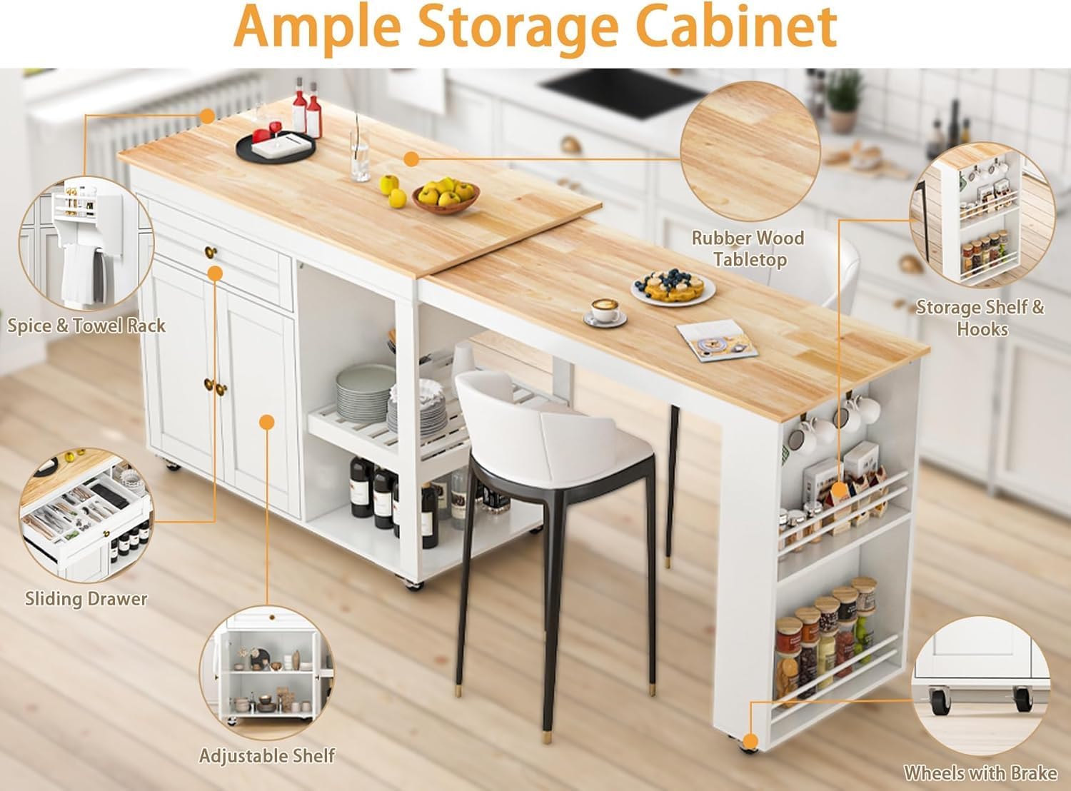 78"-49" Extendable Rolling Kitchen Island with Extended Dining Table, Mobile Kitchen Storage Islands with Storage Drawers, 2-Tier Storage Shelf, White