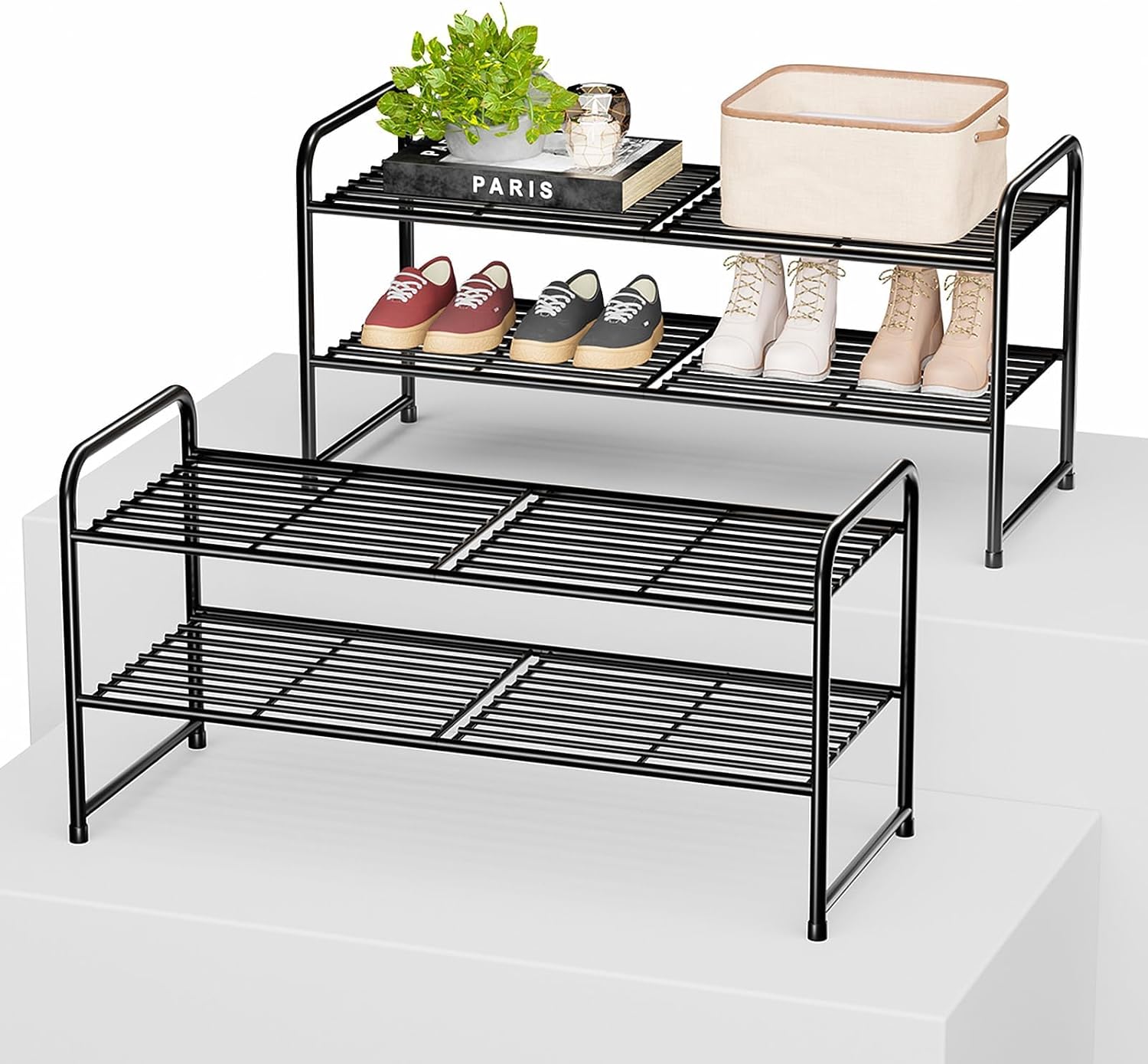 2 Pack Shoe Rack, 2-Tier Metal Stackable Shoe Shelf Storage Organizer, Heavy Duty Wire Shoe Stand for Entryway, Closet, Hallway, Holds 50 LBS, Black