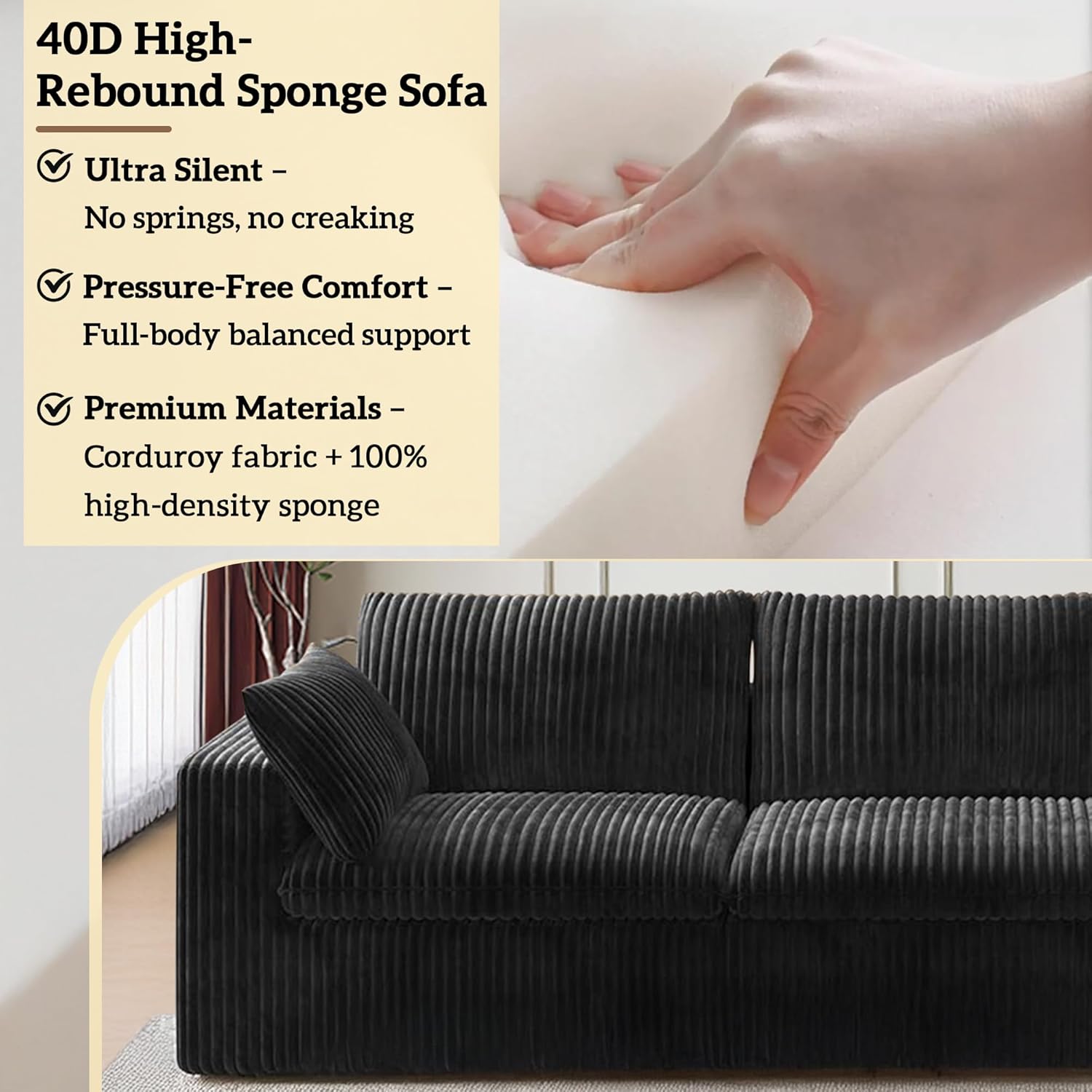 157.6" Cloud Couch Oversized Modular Sectional Sofa, Boneless U-Shaped 8 Seater Deep Seat Couch with Ottoman, Soft Corduroy Upholstery, DIY Combination for Living Room, No Assembly Required, Black