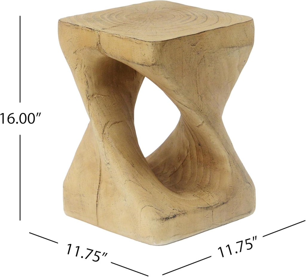 Natural Color MGO Twist Shape Side Table, Modern Abstract Accent End Table with Wood-Like Texture, Unique Sculptural Stool for Living Room, Bedroom, Patio, Home Decor