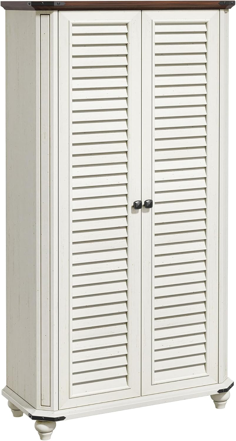 DWVO 4-Tier Storage Cabinet with 2 Shutter Doors, Farmhouse Kitchen Pantry Cabinet with Adjustable Shelves, Wooden Cabinet for Kitchen, Dining Room, Living Room, Office, Rustic White