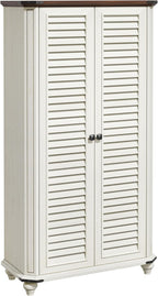 DWVO 4-Tier Storage Cabinet with 2 Shutter Doors, Farmhouse Kitchen Pantry Cabinet with Adjustable Shelves, Wooden Cabinet for Kitchen, Dining Room, Living Room, Office, Rustic White