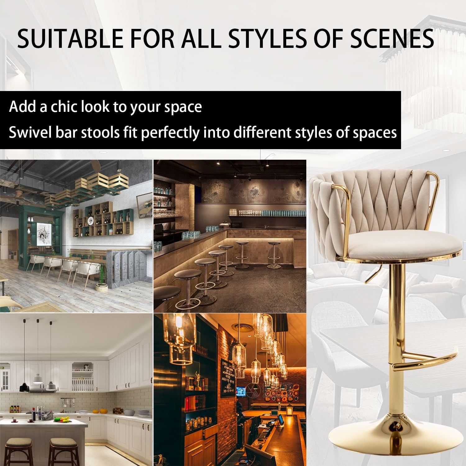 Riknuxi Velvet Bar Stools Set of 3, Counter Height Bar Chairs with Low Back, Gold Swivel Bar Stools for Kitchen Island, Pub (Beige)