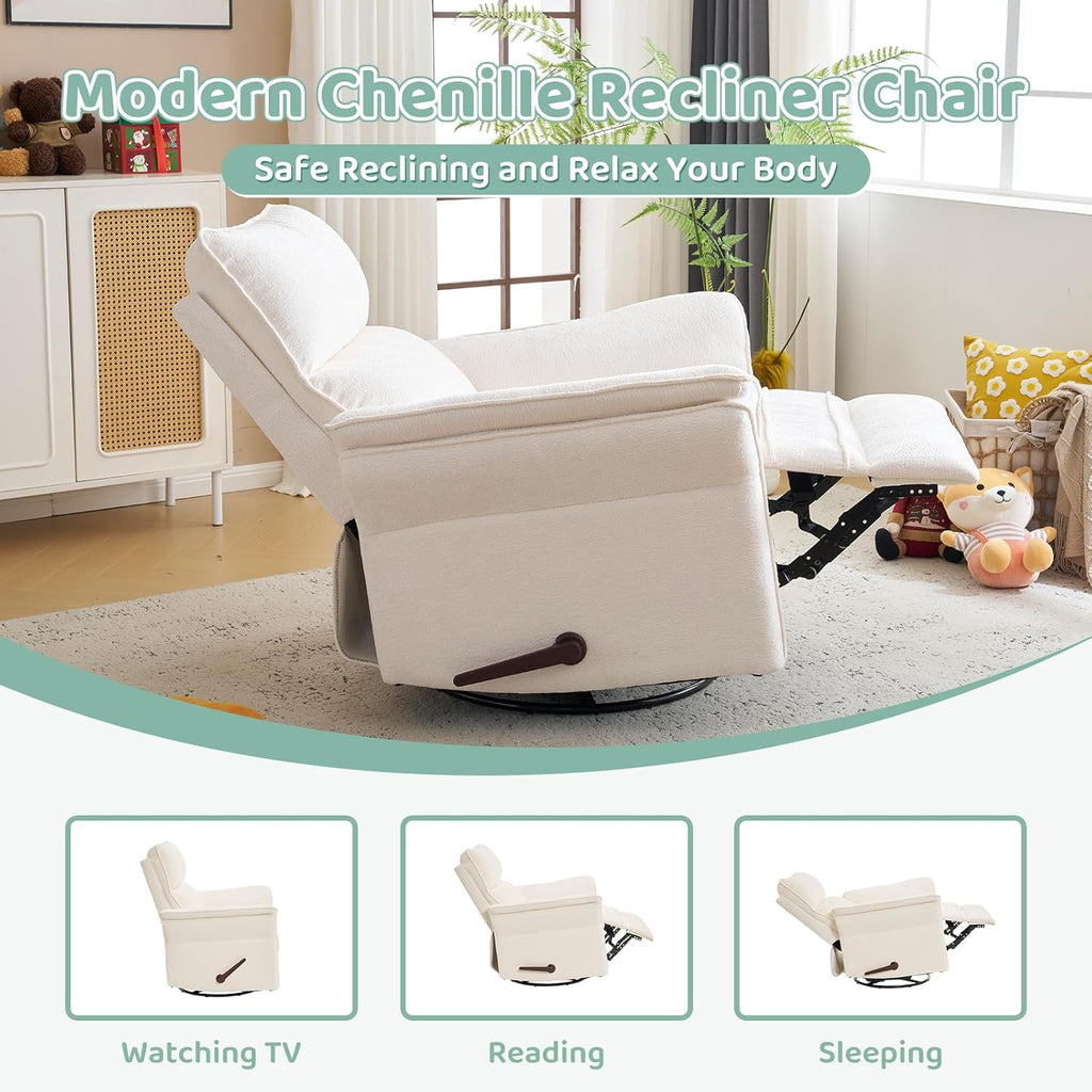 Swivel Rocker Recliner with Adjustable Headrest,Upholstered Glider Rocker Recliner with Overstuffed Armrest,Manual Recliner Nursery Chair for Living Room,White