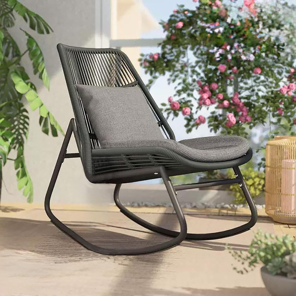 Rattan Rocking Chair with Cushion, Ergonomic Backrest, Metal Frame, 150KG Capacity, Easy to Assemble, for Garden, Balcony, Living Room(Gray)