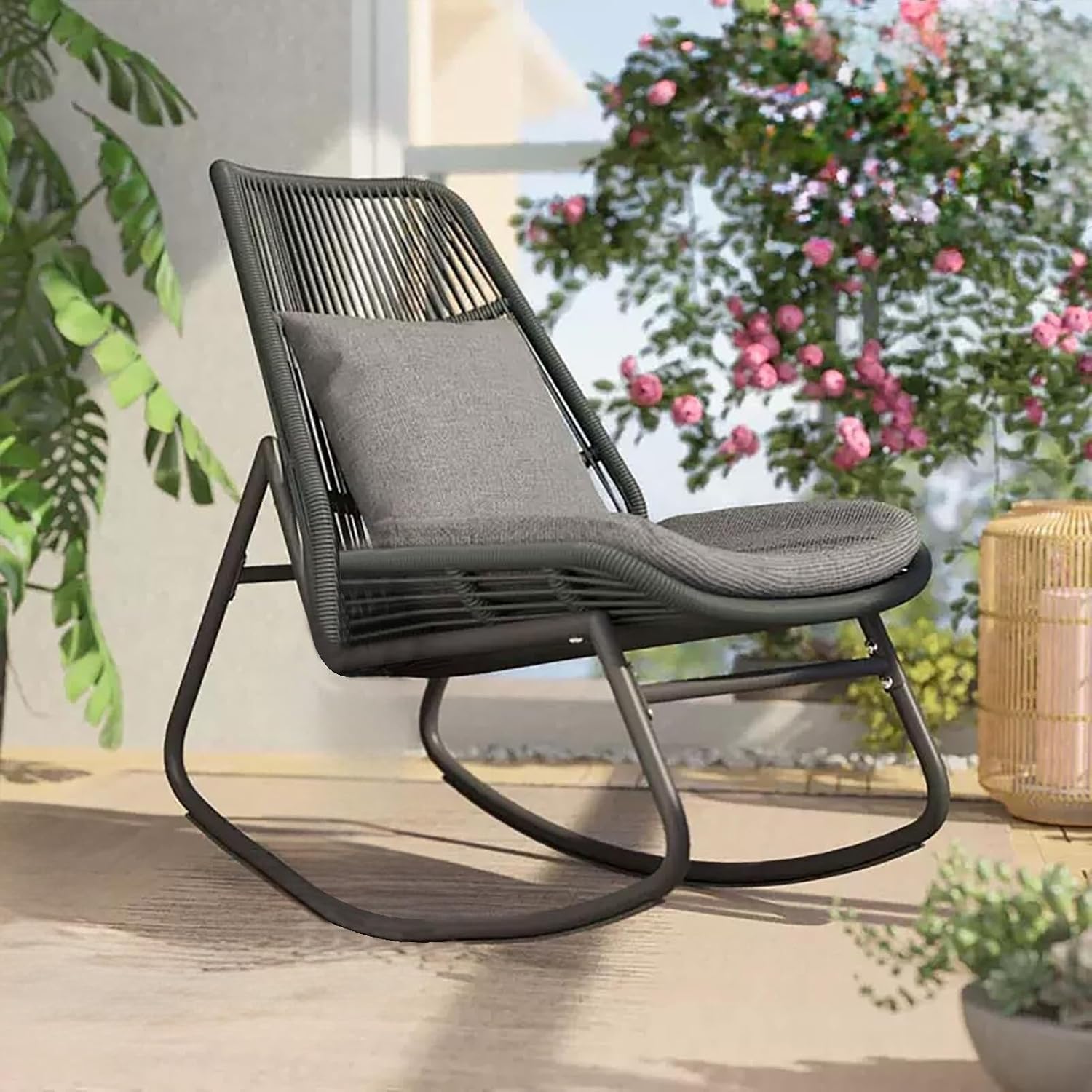 Rattan Rocking Chair with Cushion, Ergonomic Backrest, Metal Frame, 150KG Capacity, Easy to Assemble, for Garden, Balcony, Living Room(Gray)