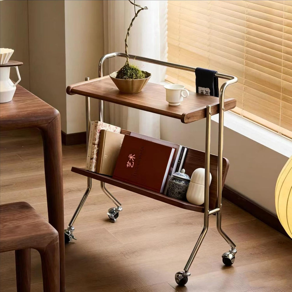 Retro Rolling Side Table, Solid Wood Movable Cart with Storage Shelf, Versatile End Table for Sofa, Bedside, or Living Room (Vintage)