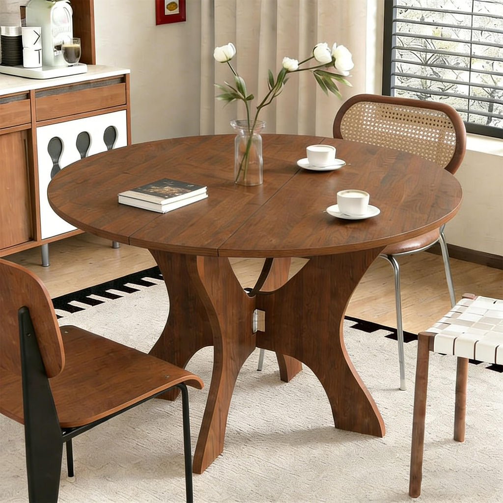 Round Dinning Table for 2-4, Foldable Kitchen Dining Room Table 43.3 Inches Circle Walnut Finish Dinner Tables for Kitchen, Dining Room, Living Room