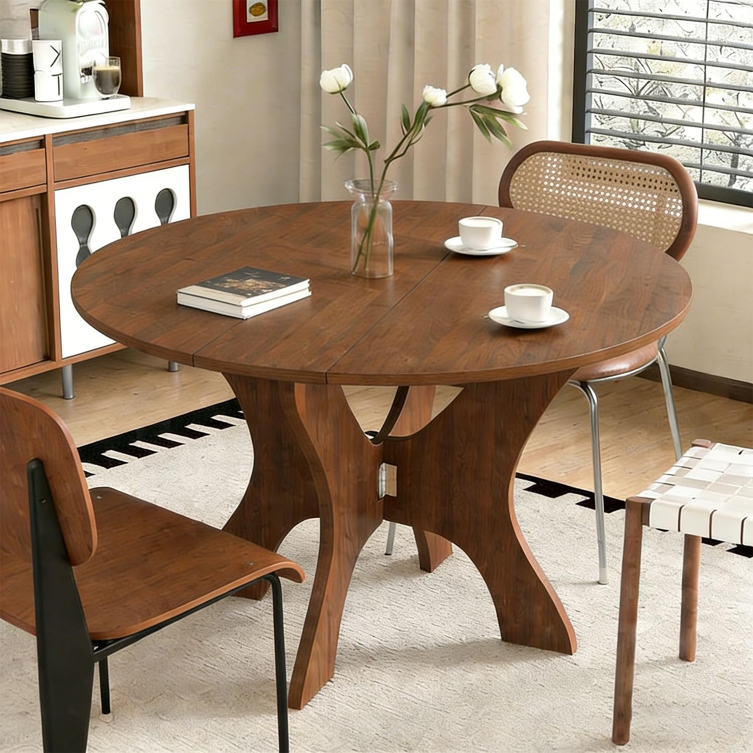 Round Dinning Table for 2-4, Foldable Kitchen Dining Room Table 43.3 Inches Circle Walnut Finish Dinner Tables for Kitchen, Dining Room, Living Room