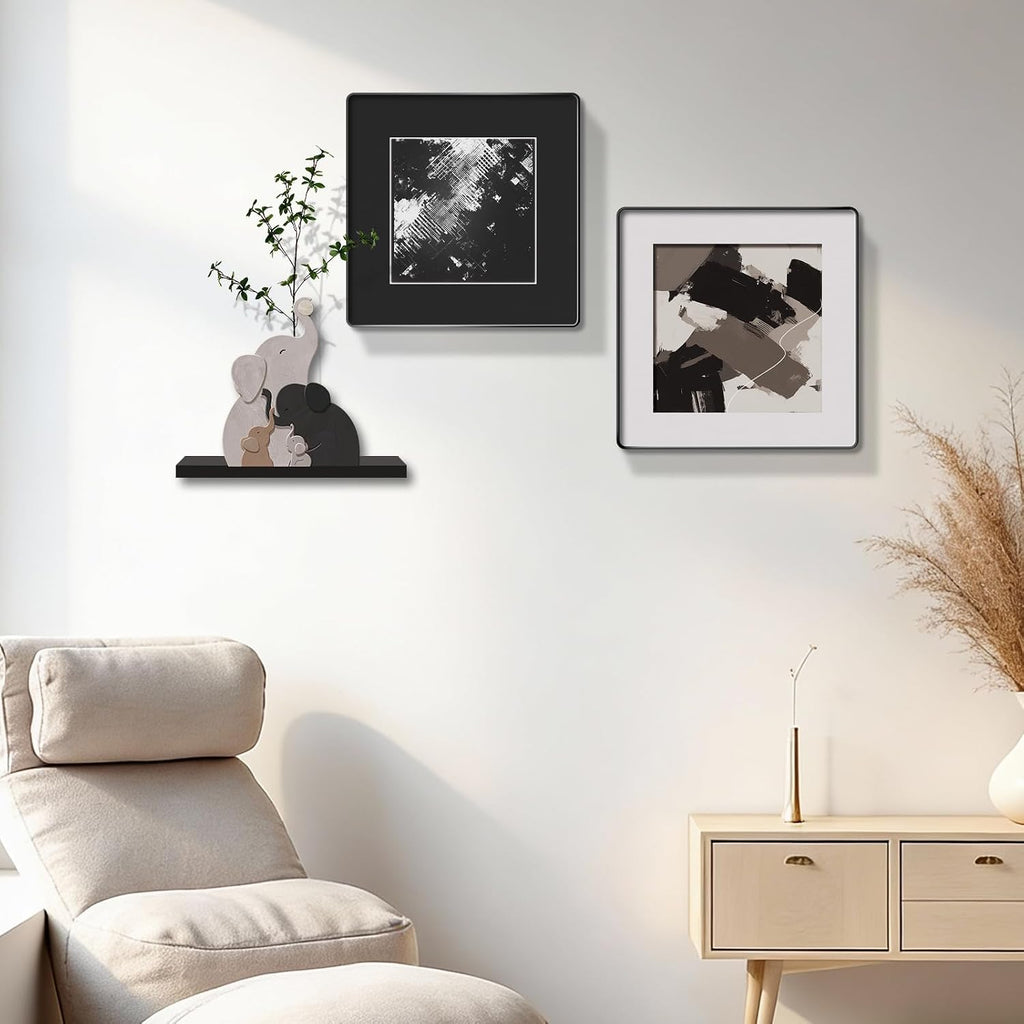 3-piece Bohemian gallery wall decoration set, 2 high-definition crystal porcelain frame abstract prints+wooden elephant sculptures+artificial green plants, soft black border frame, minimalist wall art for living room and bedroom entrances