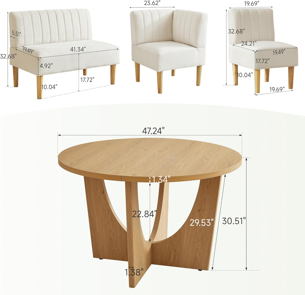 Round Dining Table Set with Loveseat & Chairs, 47 Inch Farmhouse 5-Piece Round Table Setting for 4 to 6, Wood Circle Table and Chairs Set for Kitchen,Breakfast Nook, Indoor Conversational Seating