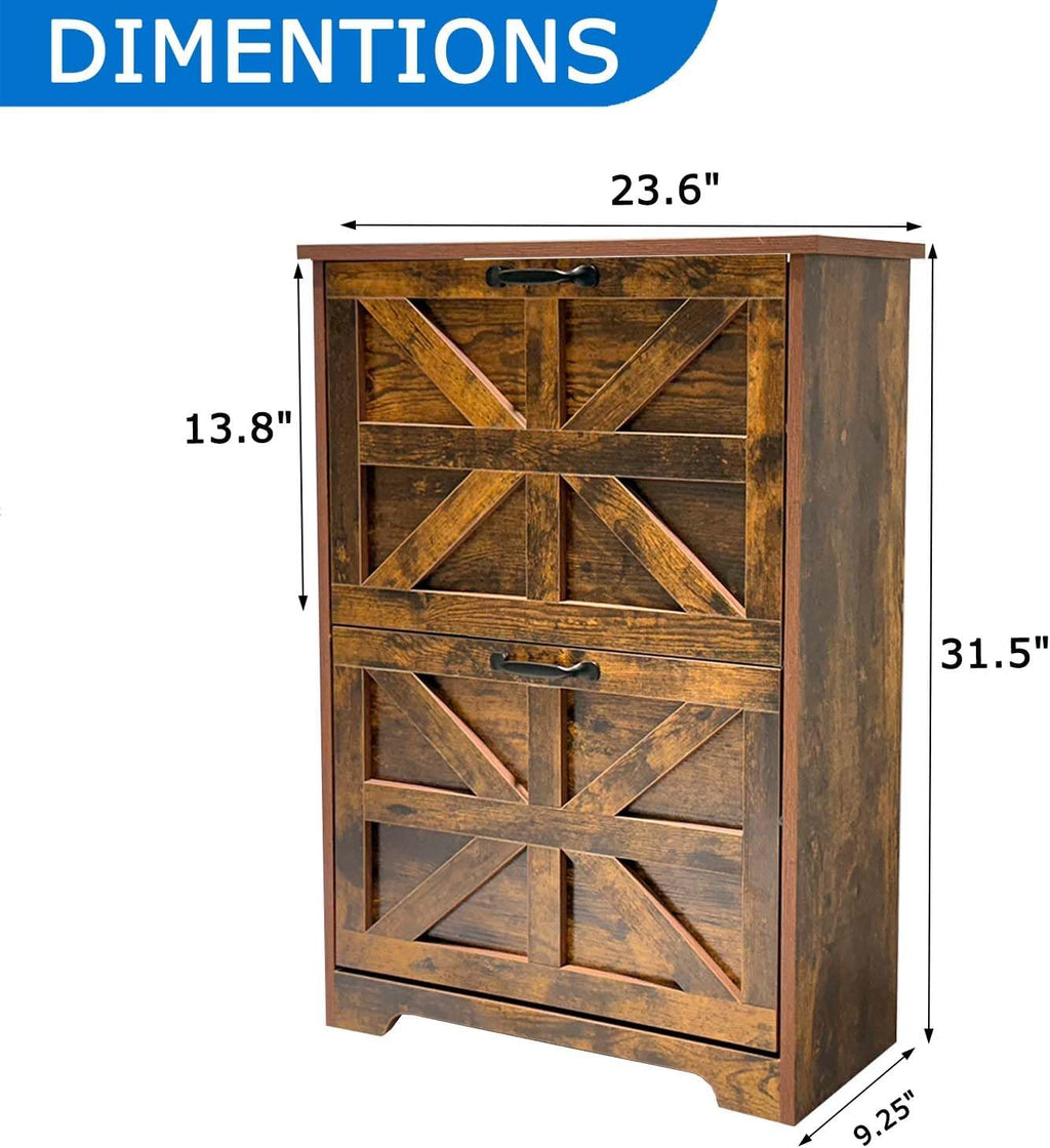 Shoe Cabinet with 2 Flip-Up Drawers, Adjustable Wooden Shoe Organizer with Shelf, Hidden Storage Cabinet for Entryway, Hallway, Living Room, Brown