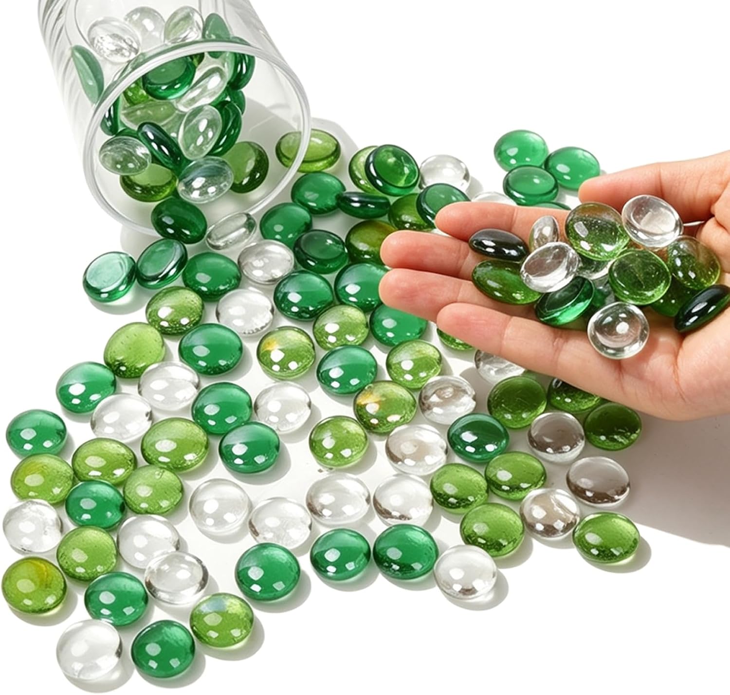 1.5 Lb Flat Glass Marbles for Vase - Mixed Green Glass Beads Vase Fillers - Decorative Glass Pebbles Gems for Vase, Aquarium, DIY Art Crafts and Home Decoration