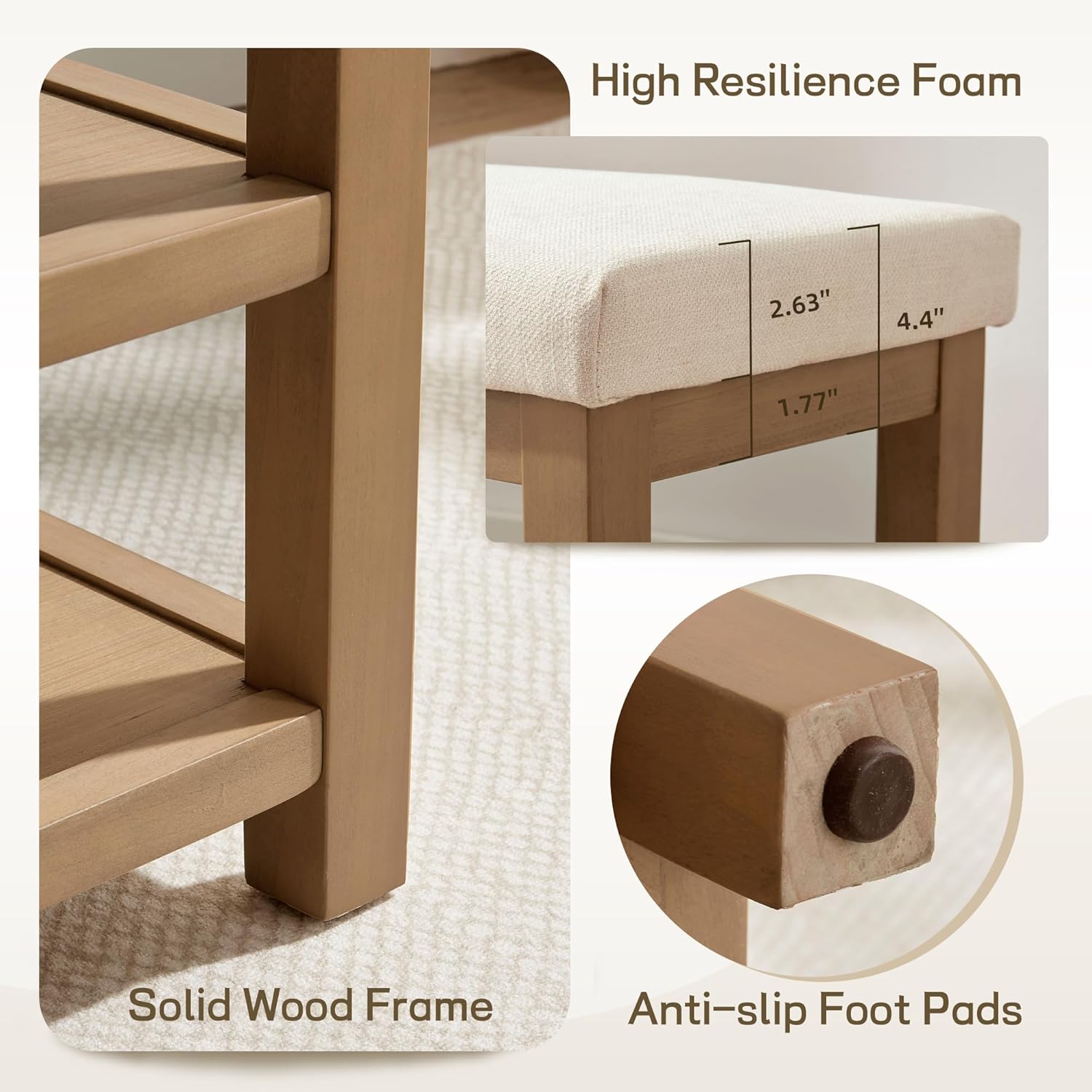 Zihanhome 2 Tier Shoe Rack Bench with Cushion, Solid Wood Shoe Benches, Mid-Century Modern Shoe Storage Bench for Entryway, Hallway, Living Room, Closet, Front Door Entrance, (Beige, 31.5")