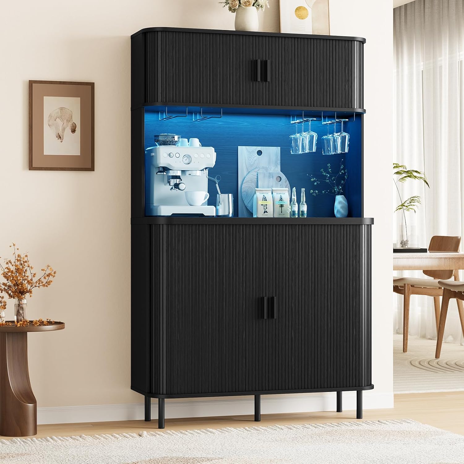 ONBRILL 71" Tall Wine Bar Cabinet with Storage, Fluted Wood Coffee Bar Cabinet with LED Lights, Modern Liquor Cabinet for Home with Wine Glass Racks, Large Home Bar for Living Room Kitchen