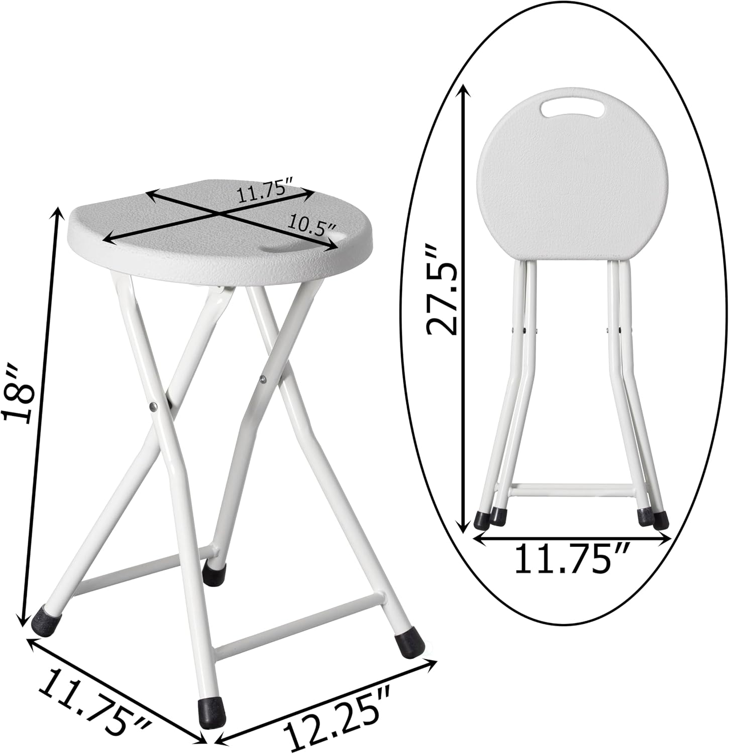 Basicwise Portable Folding Stool with Handle Compact Chair with Non-Slip Feet and Metal Frame Legs for Indoor & Outdoor Use Ideal for Dorm Kitchen Vanity Game Room Garden Porch & Home Bar, White