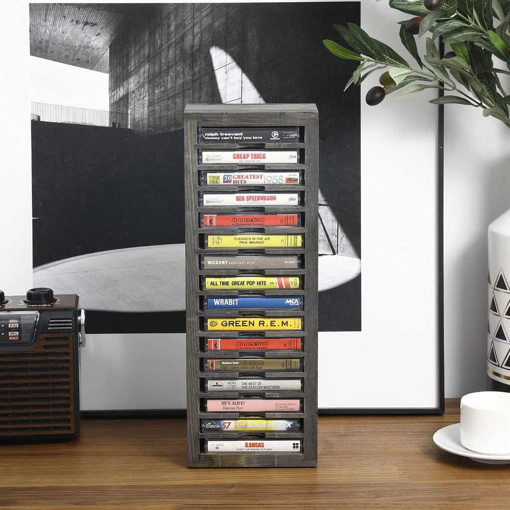 MyGift 16 Slot Cassette Tapes Tower, Vintage Gray Solid Wood Freestanding Audio Compact Cassettes Slotted Storage Rack, Analog Audiotapes Holder Stand, Fits Standard Cases Up to 0.7" Thick