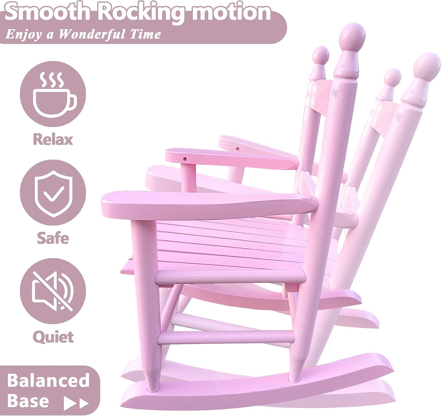Kids Rocking Chair with Slatted Seat & Backrest, Wooden Porch Rocker for Kids Age 3-8 Indoor & Outdoor, Easy Assembly (Light Pink)