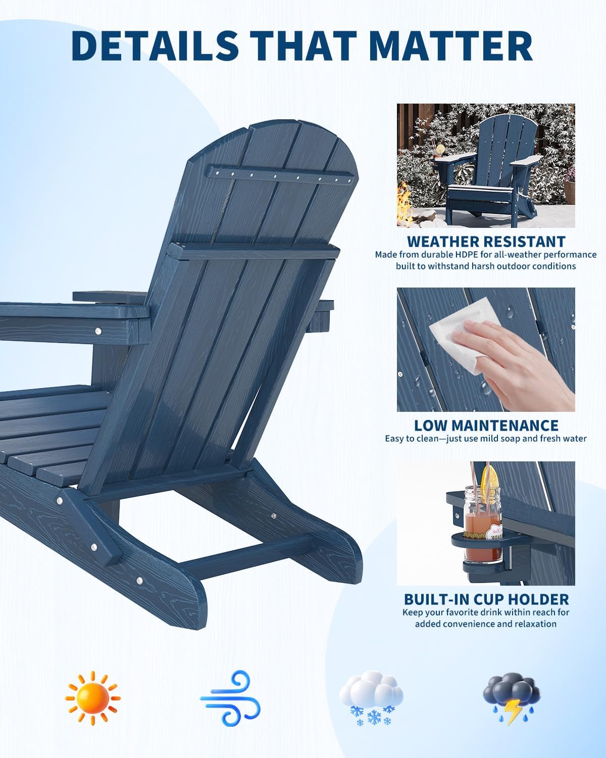 Garvee Folding Adirondack Chair Set of 2, HDPE Outdoor Patio Chair with Cup Holder, All Weather Resistent Wooden Textured for patios, Decks, Gardens, fire Pit, Navy Blue