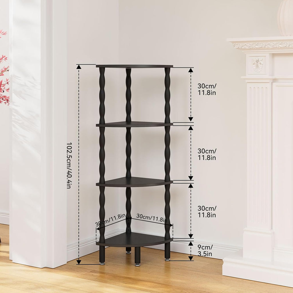IBUYKE 4-Tier Corner Shelf,Stylish Corner Bookshelf for Small Spaces,Industrial Corner Storage Display Shelves,Small Corner Table for Bedroom,Bathroom,Kitchen, Black WBC019B
