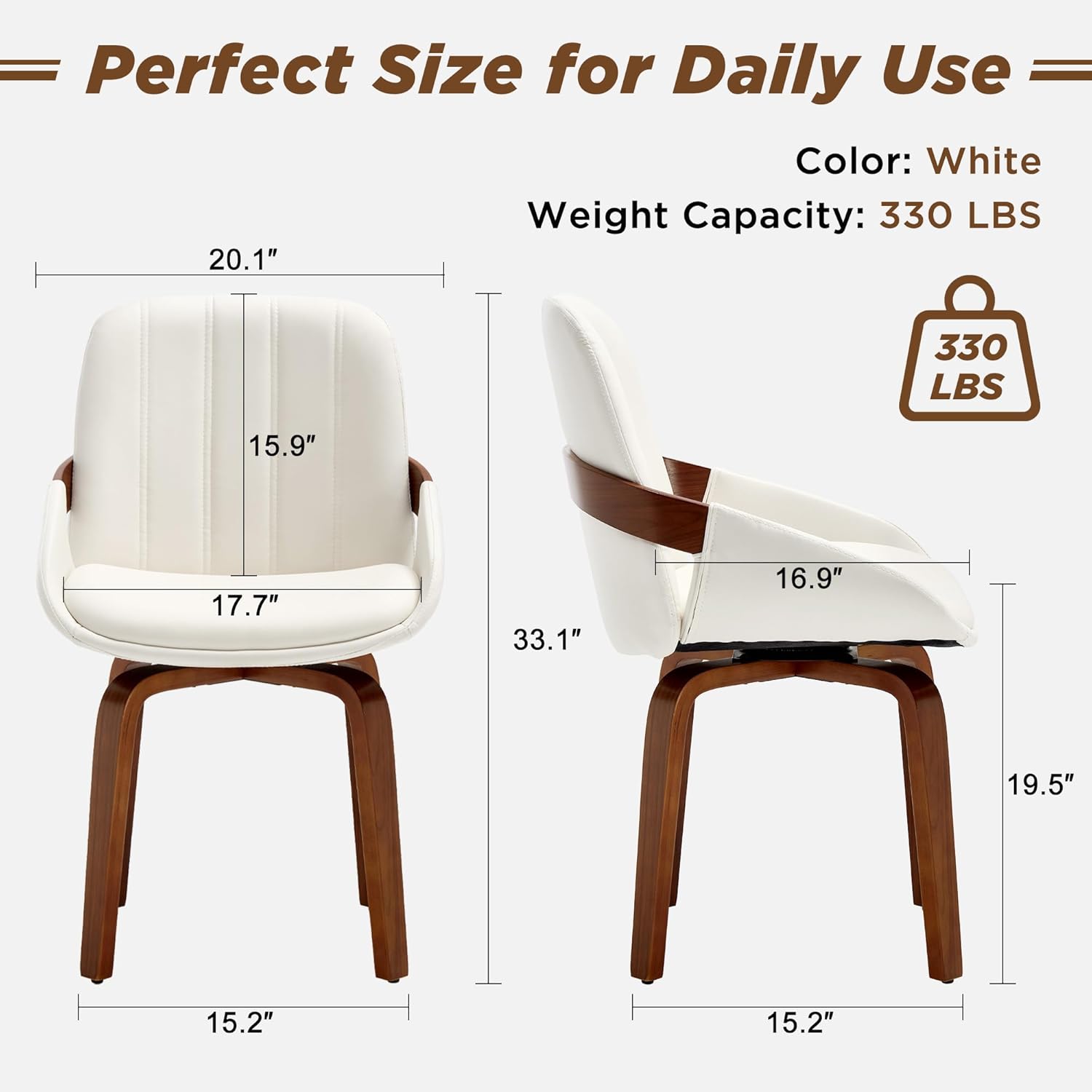 Swivel Dining Chairs, Mid Century Modern Faux Leather Dining Room Chairs with Arms, Upholstered Kitchen Vanity Accent Chair, Walnut Backrest Support & Sturdy Wood Legs (White, Set of 6)