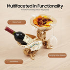Tabletop Wine Rack Golden Luxury Cameo Flower Diamond Wine Glass Display Holder, Holds 1 Wine Bottle and 3 Wine Glasses Wine Decor for Kitchen Bar Gifts