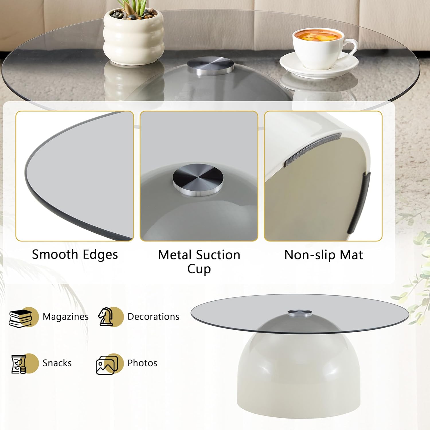 WILLIAMSPACE Round Nesting Coffee Table Set of 2 with Tempered Glass Top, Modern Center Tables with Carbon Steel Base for Living Room, Accent Tea Table, Easy Assembly, 27.5" & 19.6", Grey＋Brown