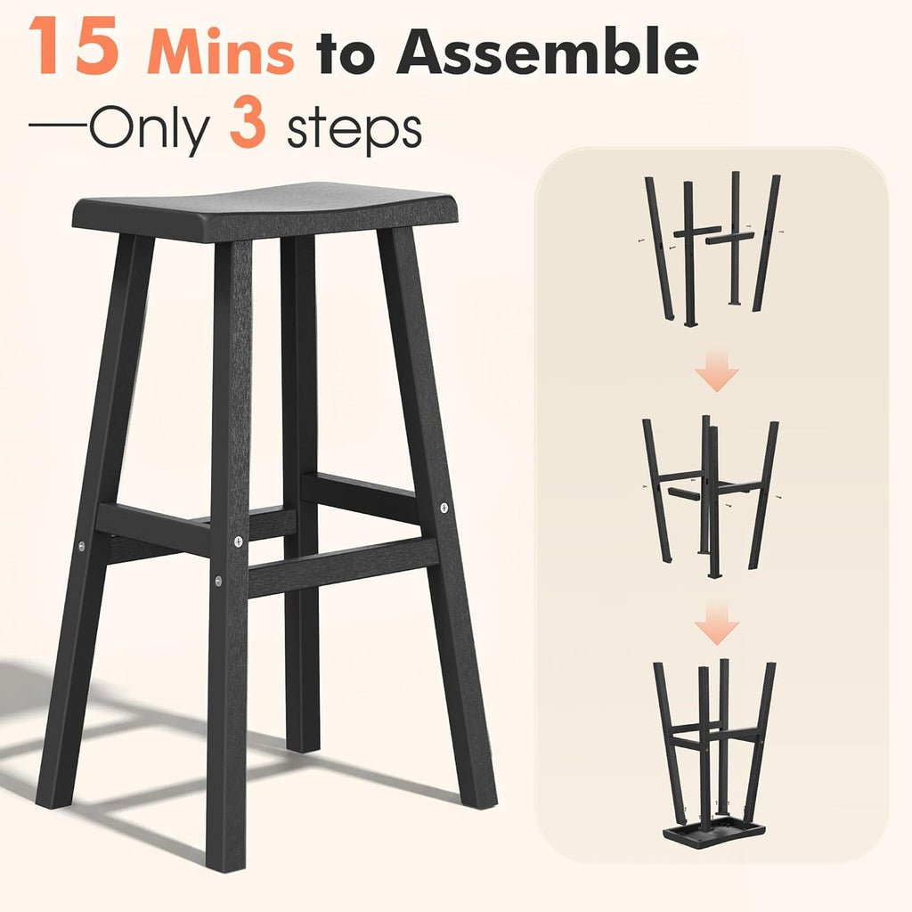 KAMABOKO 4 Set 29" HDPE Bar Stools Set Outdoor, Durable Resin Bar Chairs with Footrest, Weatherproof & Ergonomic Barstools for Patio, Deck & Poolside, Black