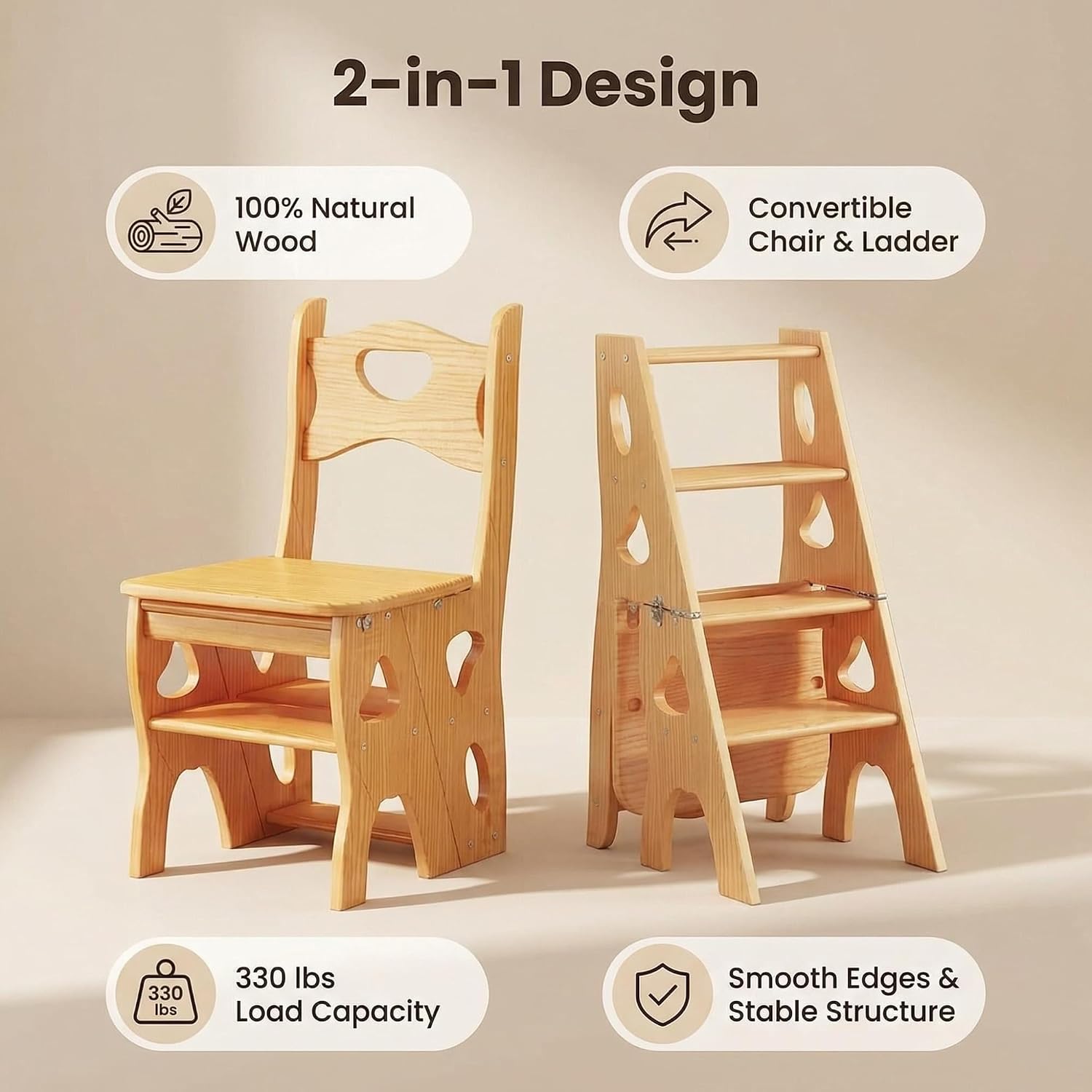 Wooden Folding Library Ladder Chair,2 in 1 Lightweight Portable Multifunctional Step Stool, 4-Step Stool Dual Purpose Stepladders, Display Stand and Flower Stand for Home