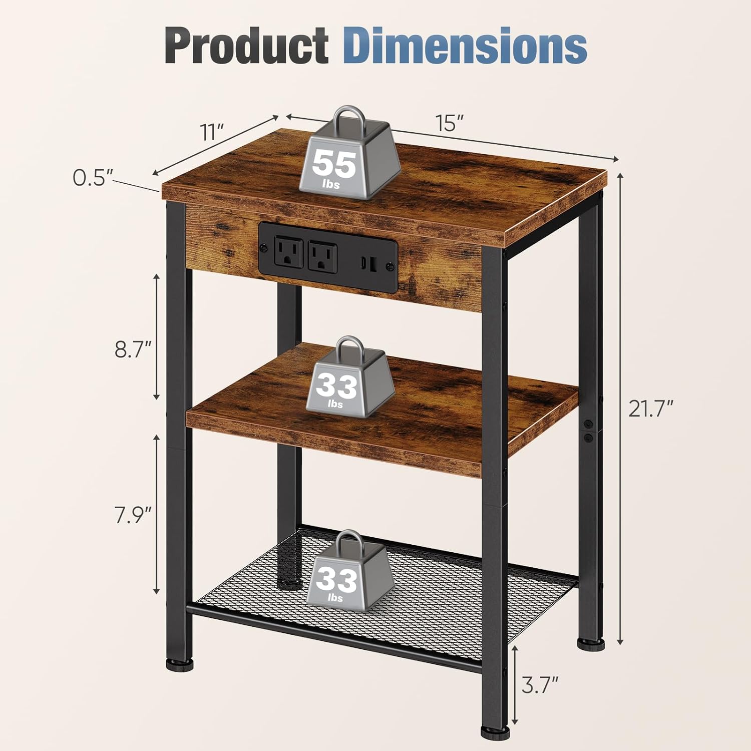 DUMOS 15.7" Small Side Table with Charging Station, End Table with Outlets & USB Ports, 3-Tier Adjustable Storage Nightstand for Living Room, Bedroom, Small Spaces, Record Player Stand, Rustic Brown