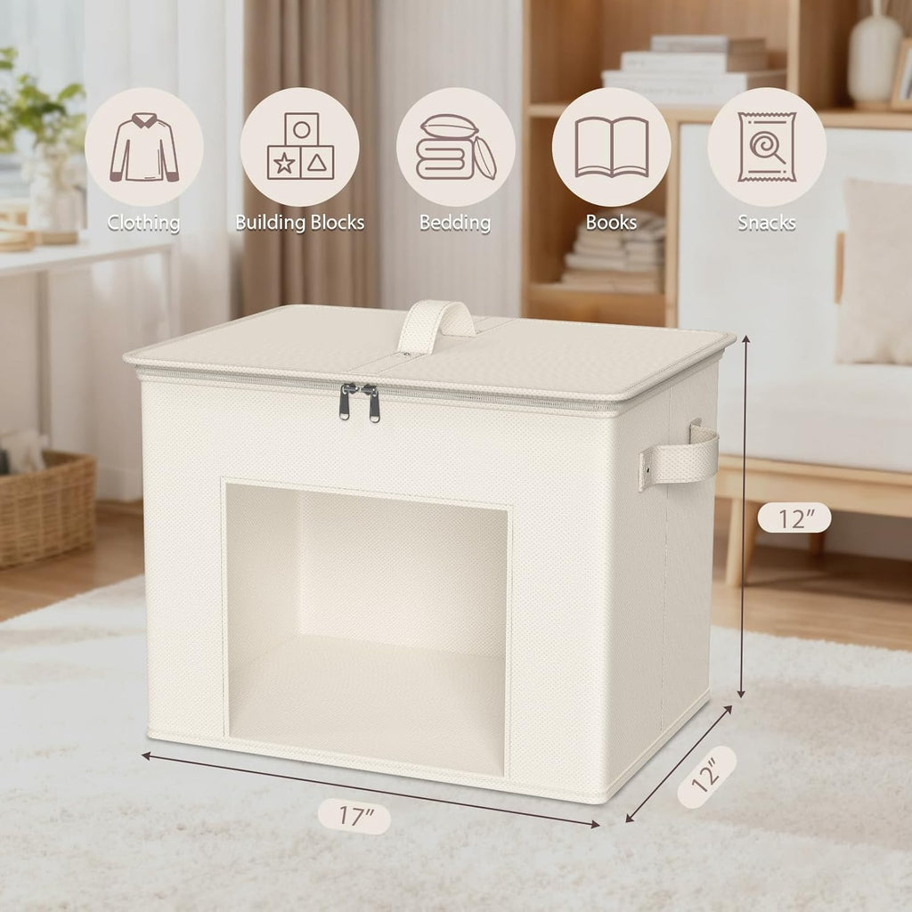 Zilink Fabric Storage Bins with Lid 4-Pack Stackable Cloth Storage Bins Sweater Organizer with Zipper & Clear Window Closet Organizers and Storage Box for Home, Office, Bedroom (Beige,17" x 12" x 12")