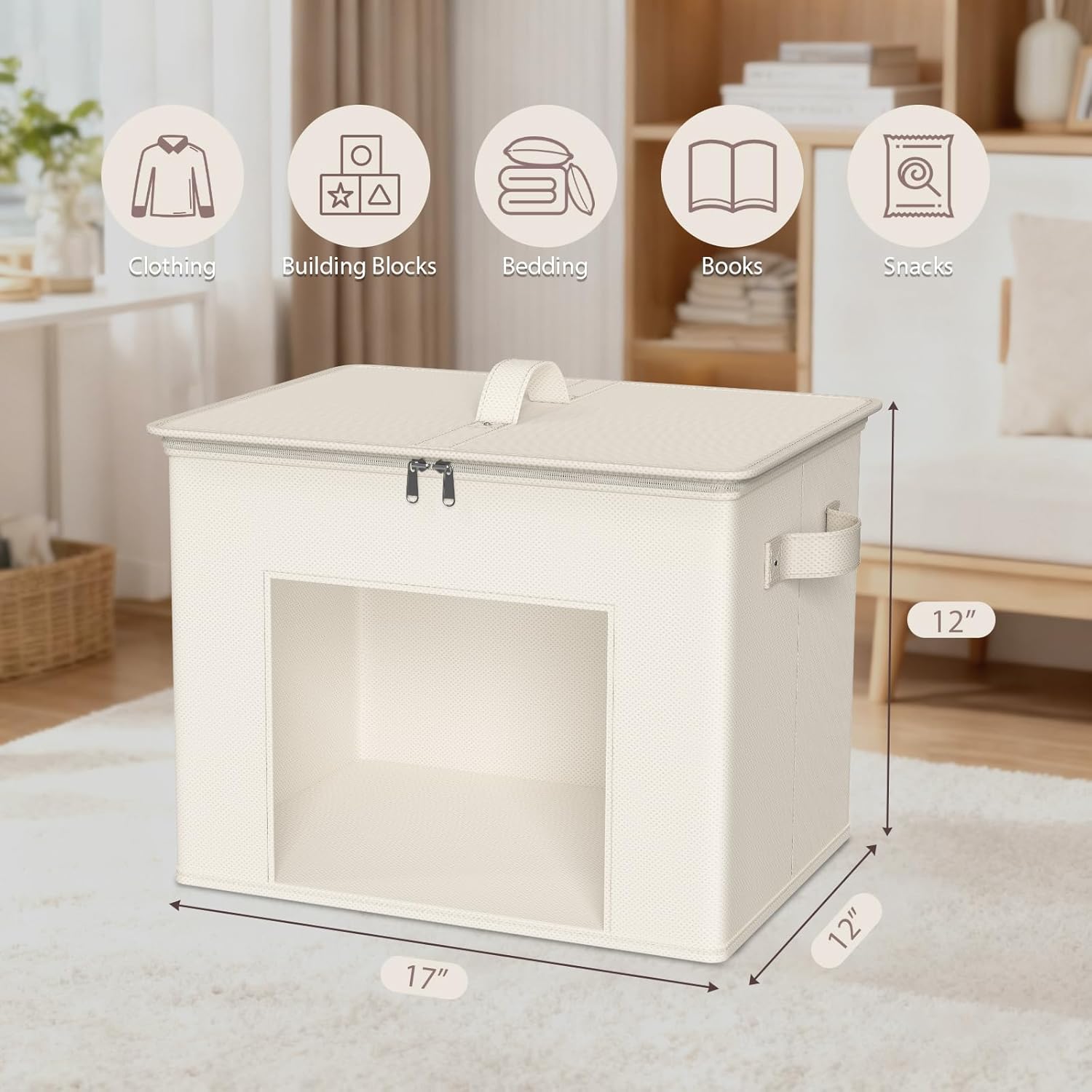 Zilink Fabric Storage Bins with Lid 4-Pack Stackable Cloth Storage Bins Sweater Organizer with Zipper & Clear Window Closet Organizers and Storage Box for Home, Office, Bedroom (Beige,17" x 12" x 12")