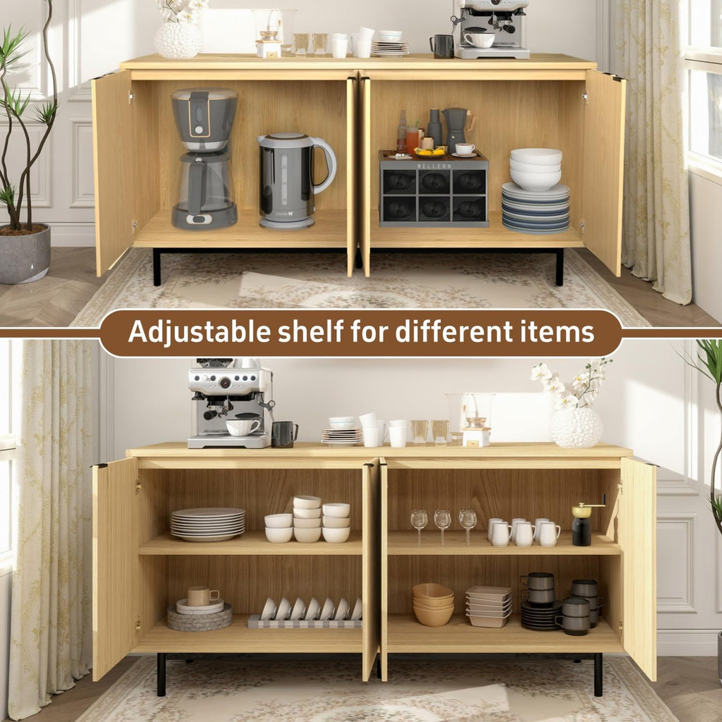 Sideboard Buffet Cabinet with Storage, MUUEGM 58”Fluted Large Kitchen Storage Cabinet with 4 Doors and Adjustable Shelves,Wood Coffee Bar Storage Cabinet for Dinging Room, Living Room, Kitchen,Natural