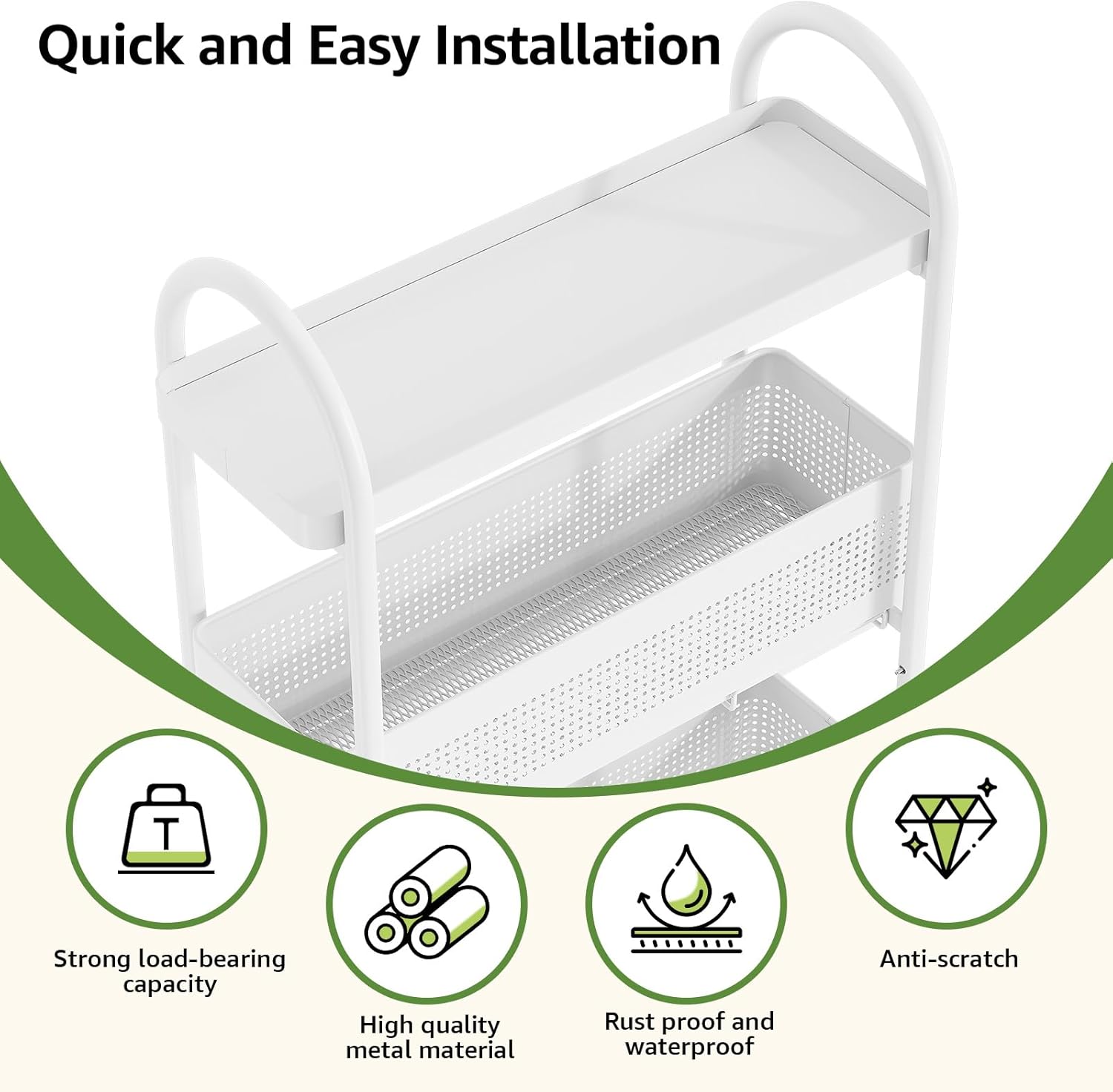 KINGRACK 5-Tier Slim Storage Cart with Pull Out Basket, Rolling Bathroom Organizer Utility, Metal Shelving Unit Slide Out, Lockable Wheels, Easy Assembly for Narrow Place, Kitchen, Laundry Room, White