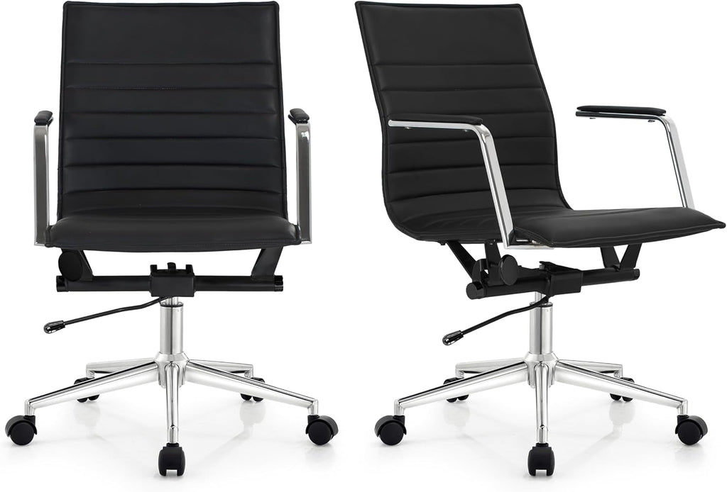 2xhome Modern Office Chairs | Upholstered PU Leather Ribbed Mid Back with Metal Frame | Adjustable Height, Tilt Lock | Computer Desk Chair, Meetings Parent (2, Grand Black, Armchair)