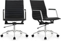 2xhome Modern Office Chairs | Upholstered PU Leather Ribbed Mid Back with Metal Frame | Adjustable Height, Tilt Lock | Computer Desk Chair, Meetings Parent (2, Grand Black, Armchair)