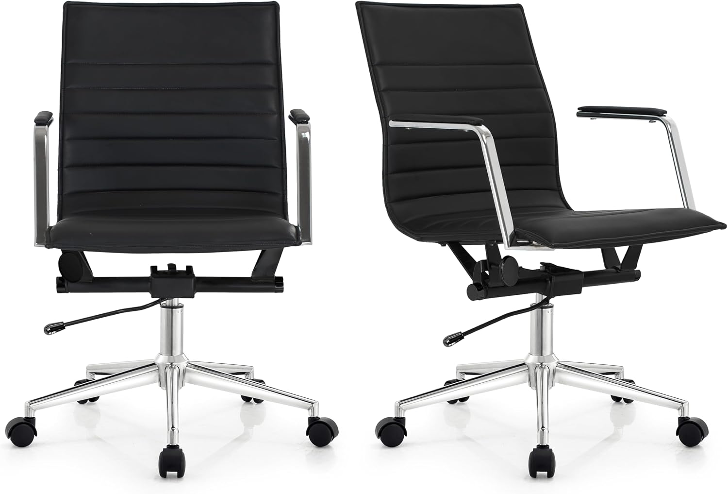 2xhome Modern Office Chairs | Upholstered PU Leather Ribbed Mid Back with Metal Frame | Adjustable Height, Tilt Lock | Computer Desk Chair, Meetings Parent (2, Grand Black, Armchair)