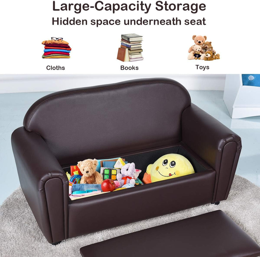 MAT EXPERT Kids Couch, 2 in 1 Double Seat Kids Sofa with PU Leather Surface, Under Seat Storage, Armrest Chair Lounge for Preschool Toddlers Boys Girls Gifts