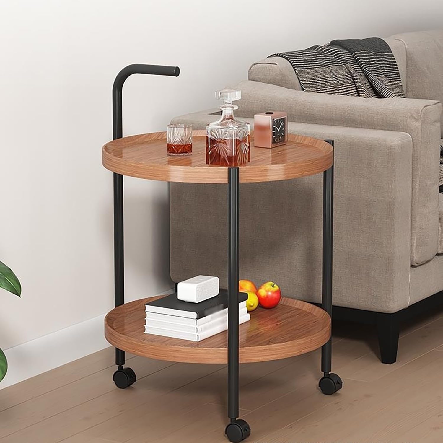 Rolling Side Table with Wheels, 2-Tier Round End Table for Small Spaces, Mobile Nightstand with Storage Shelf, Sofa Side Table for Living Room & Bedroom(Brown,40cm)