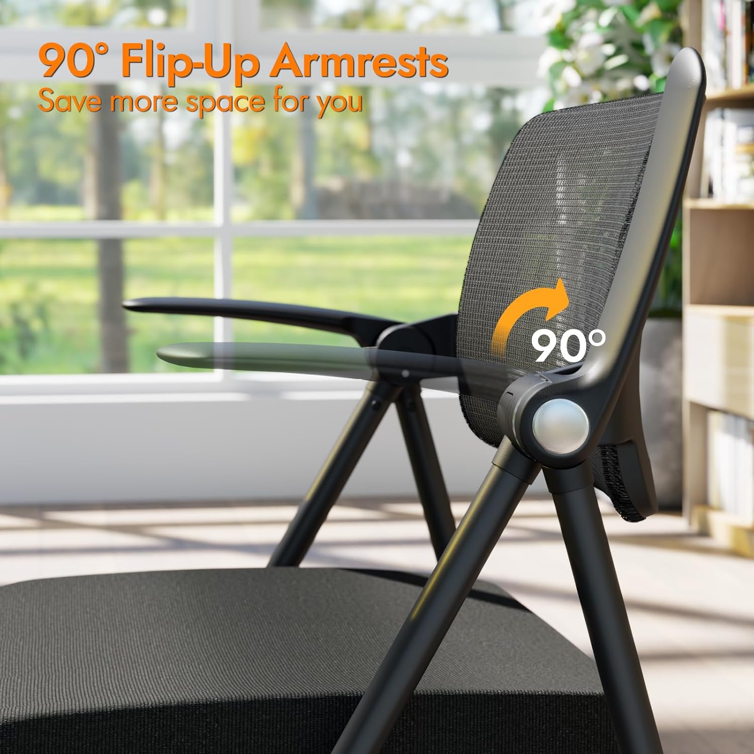 Stackable & Foldable Office Chair, Folding Desk Chair with Flip-Up Armrest, Breathable Mesh, Thick Seat Cushion & Rocking Backrest, Conference Room Chair with Wheel (Black，1)