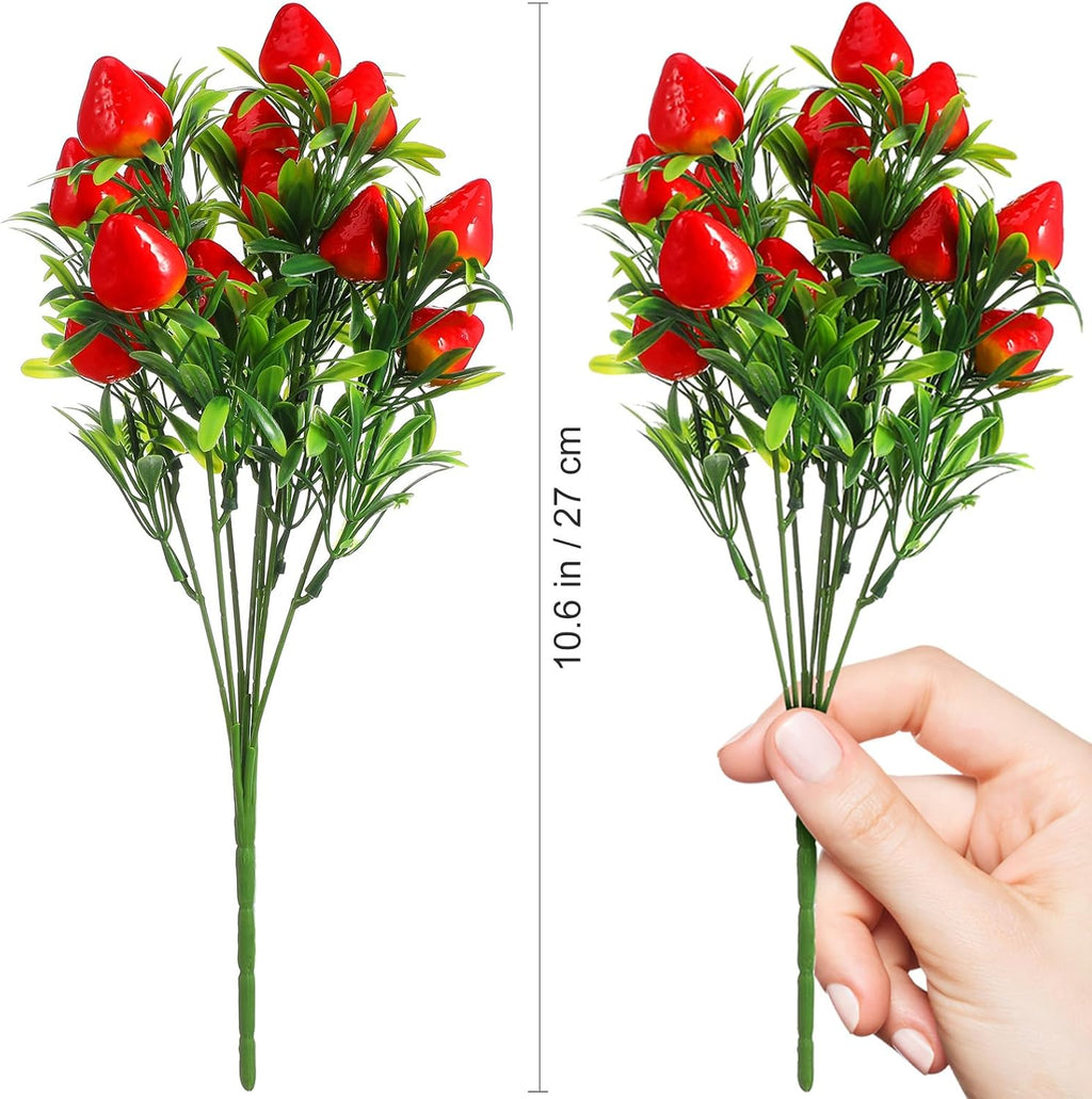 Veemoon 6 Pcs Artificial Strawberry Stems, 10.61 Inch Fake Red Berry Branches Plastic Fruit Picks, Faux Plants Floral Arrangement Centerpieces for Home Kitchen Vase Wreaths Summer Party Decor