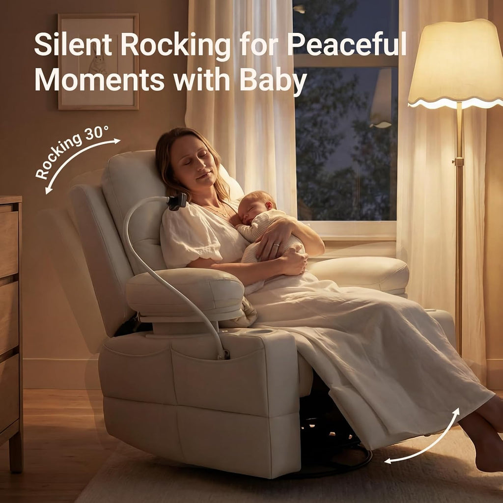MAMAZING Lullapod Oversized Power Nursery Recliner Chair, Triple Motor Glider Rocker with Adjustable Armrests, 270° Swivel Rocking Chair Nursery with Dual Charging Port and Storage