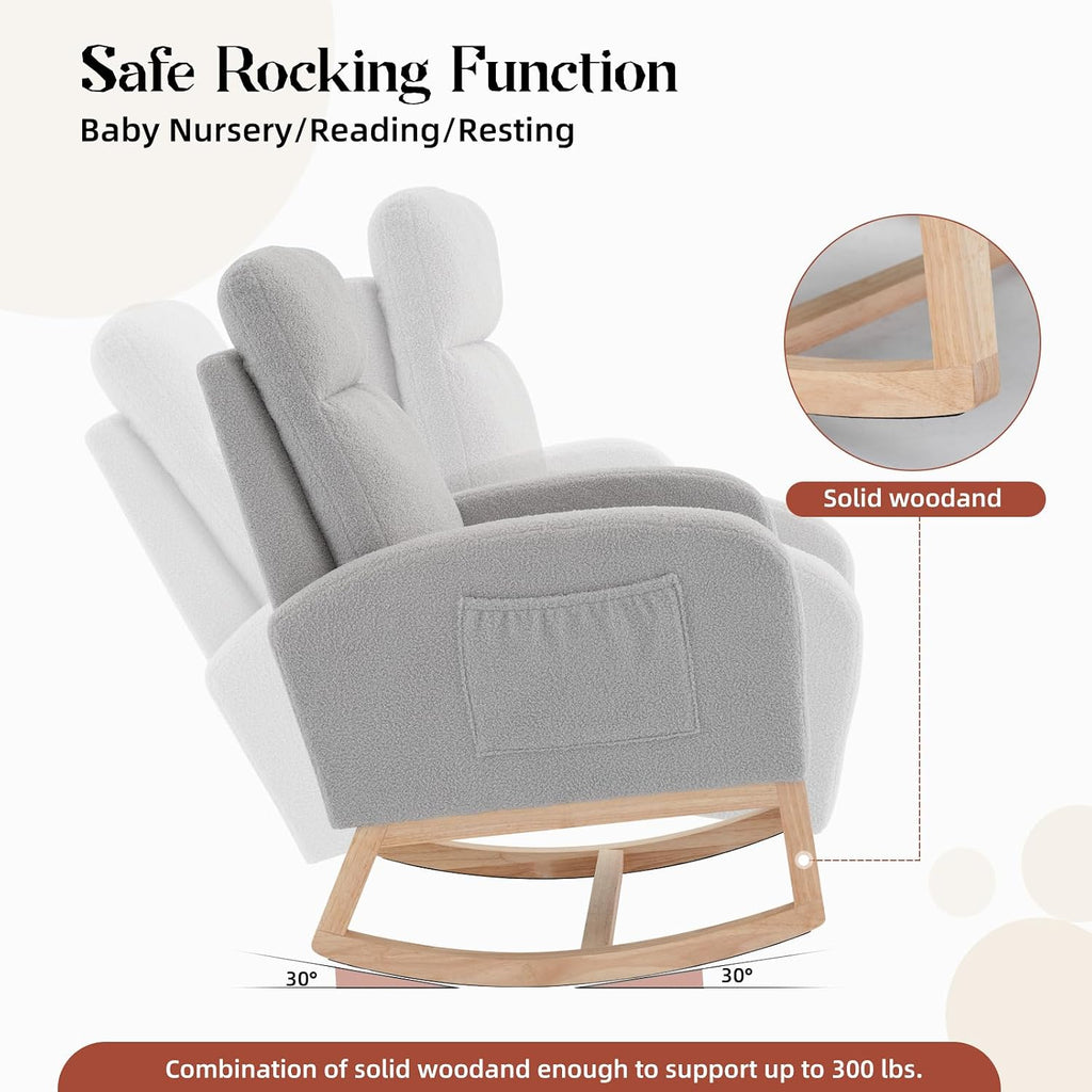 Modern Nursery Rocking Chair,Teddy Upholstered Glider with 26" High Backrest, Padded Seat for Living Room, Bedroom, Reading