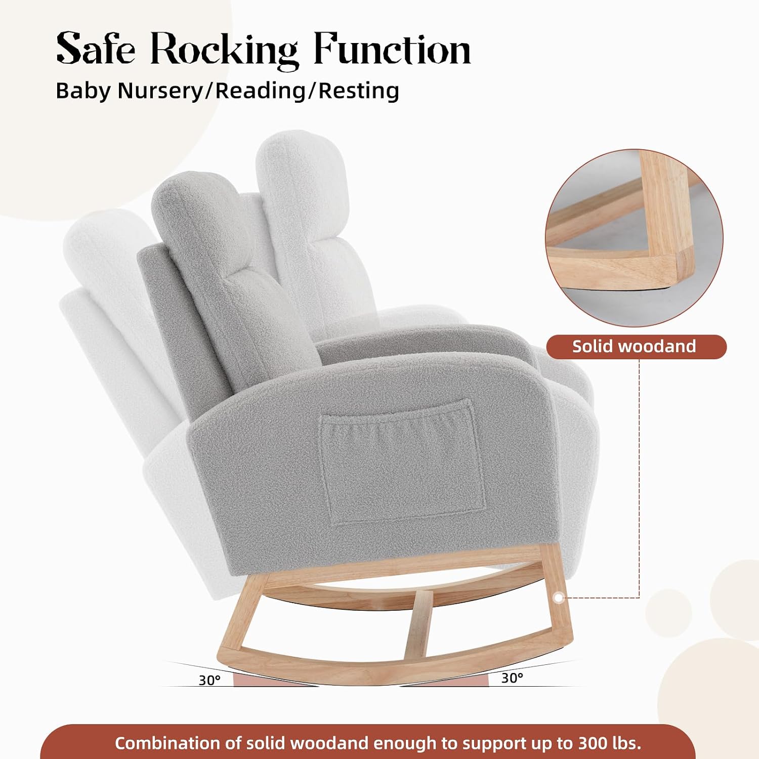 Modern Nursery Rocking Chair,Teddy Upholstered Glider with 26" High Backrest, Padded Seat for Living Room, Bedroom, Reading